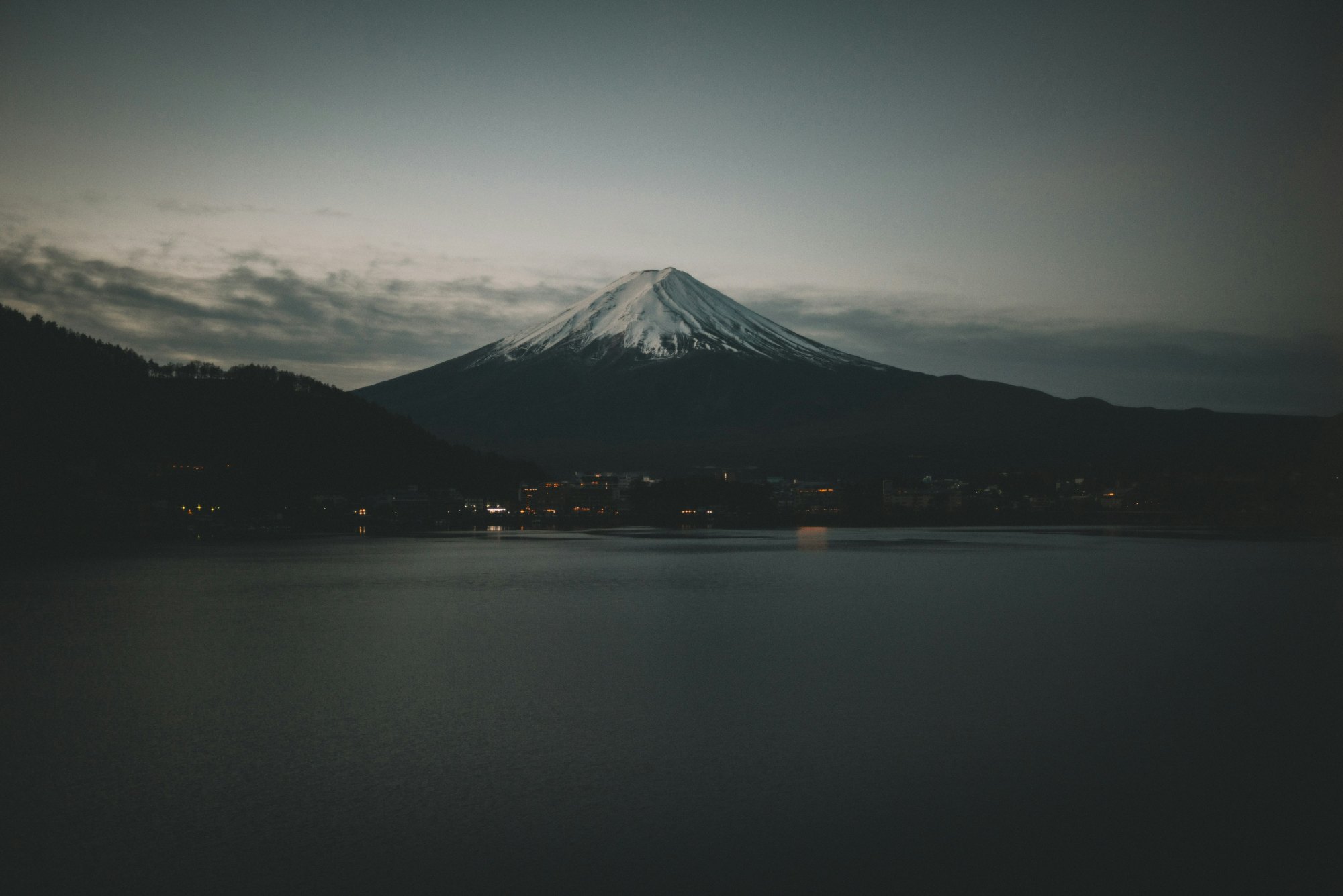 Mount Fuji at dusk across Lake Kawaguchi