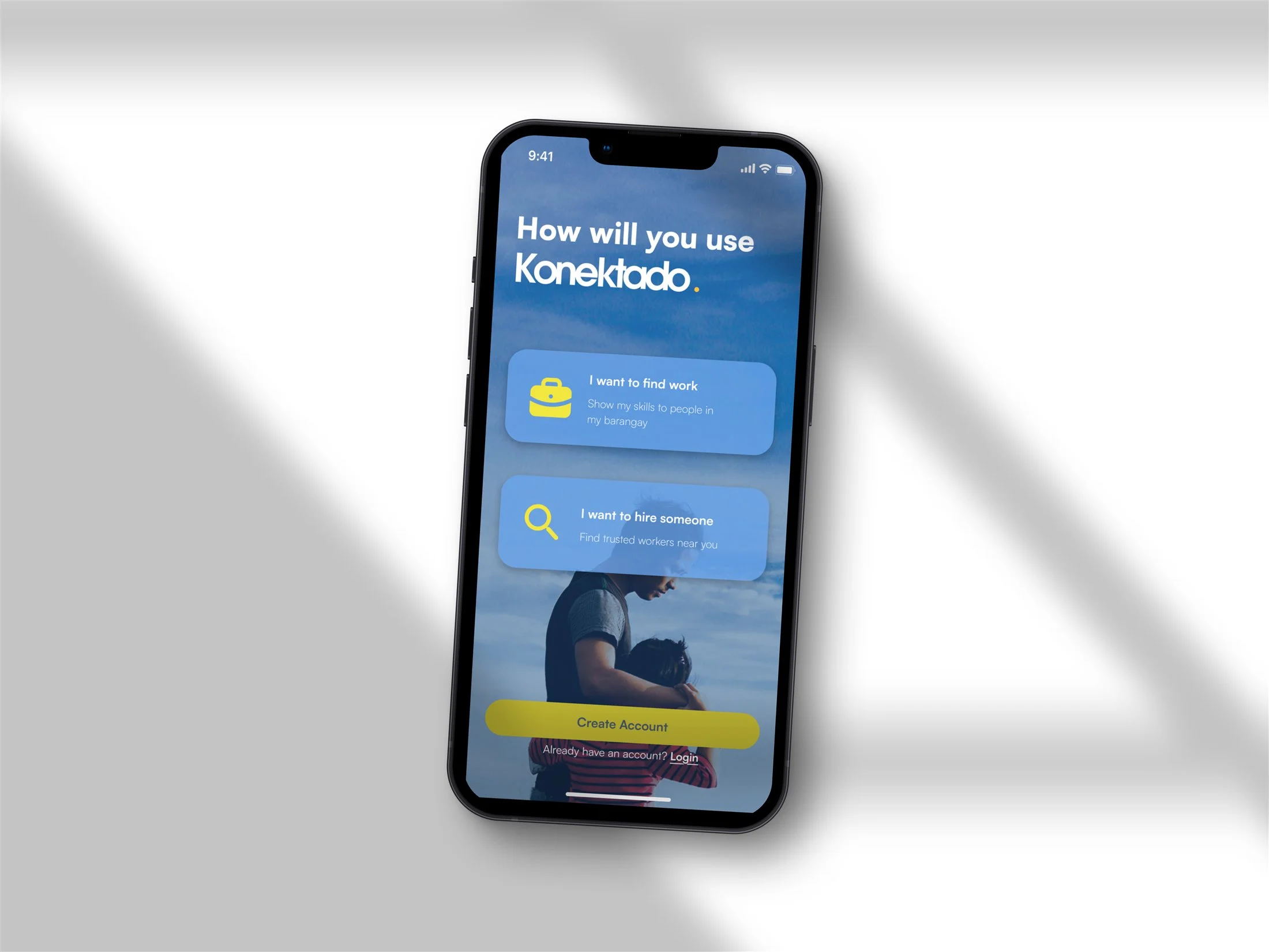 KONEKTADO role selection interface shown on an iPhone mockup